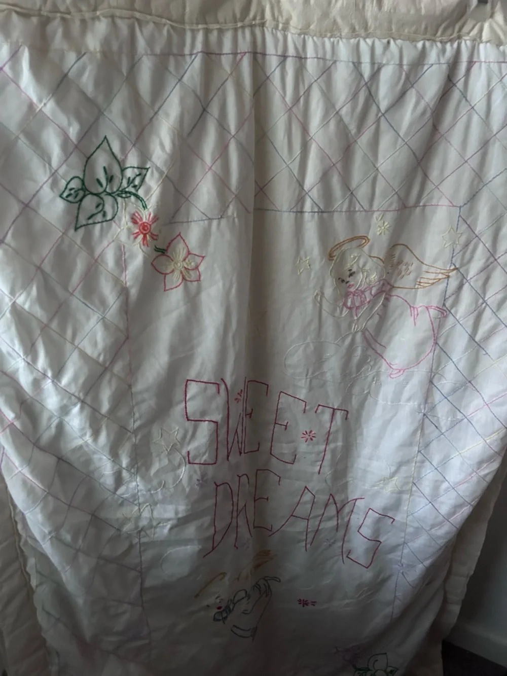 Vintage White Quilt with Pink and Green Embroidery